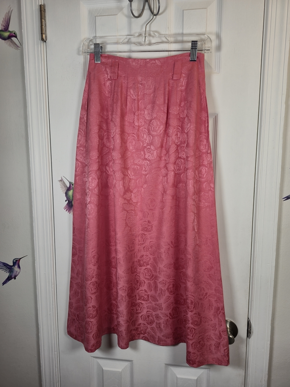 Vintage Outback Pink 100% Silk Jacquard Rose Floral Midi Skirt Size 6 - Picture 2 of 7